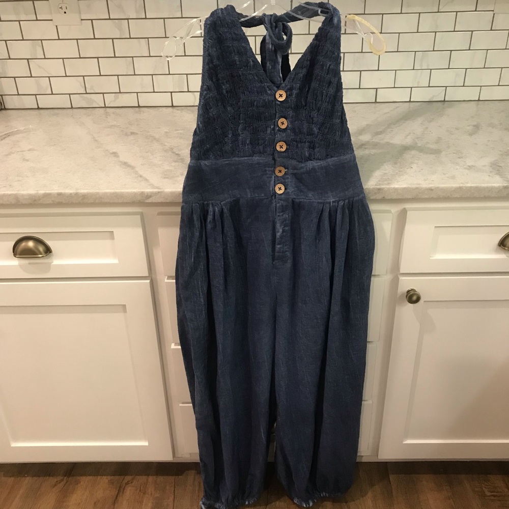 Free People Travel Light Jumpsuit Womens Large Blue Halter Neck Smocked Boho